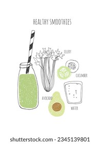 Hand drawn healthy smoothie recipe. Doodle water, cucumber, celery, avocado.