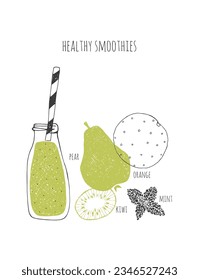 Hand drawn healthy smoothie recipe. Doodle orange, pear, kiwi, mint. 