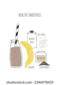 Hand drawn healthy smoothie recipe. Doodle banana, coconut milk, nut butter, cocoa powder, oat flakes.