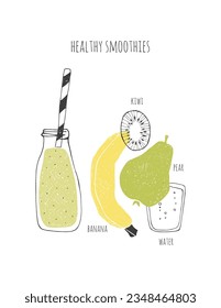 Hand drawn healthy smoothie recipe. Doodle banana, pear, water, kiwi. 