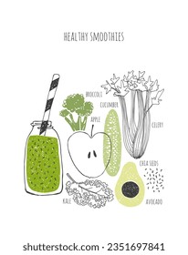 Hand drawn healthy smoothie recipe. Doodle apple, cucumber, kale, celery, broccoli, avocado, chia seeds.