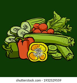 Hand drawn healthy vegetables for advertising on green background