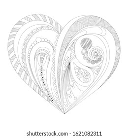 Hand drawn heart for adult anti stress. Coloring page with high details isolated on white background. Zentangle pattern for relax and meditation. suitable for a coloring book, Valentine's day card