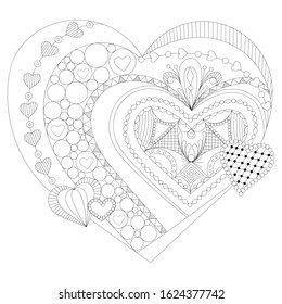 Hand drawn heart for adult anti stress. Coloring page with high details isolated on white background. Zentangle pattern for relax and meditation. suitable for a coloring book, Valentine's day card.