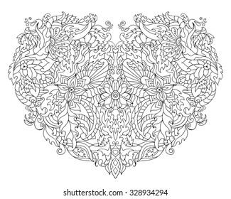 Hand drawn heart for adult anti stress. Coloring page with high details isolated on white background. Made by trace from sketch. Zentangle pattern for relax and meditation. 