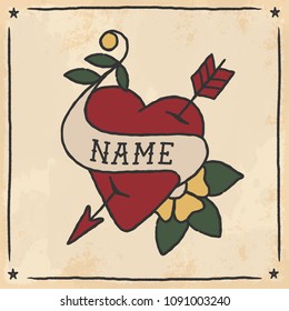 Hand drawn heart with arrow and flower in traditional tattoo style on tea dyed paper vector background. Fully editable vector in well organized layers. 
