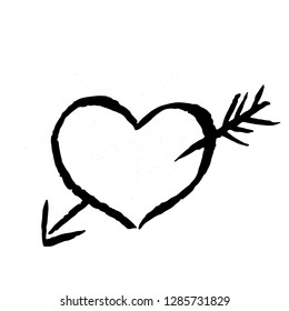 Hand drawn heart with arrow on white background. Grunge shape of heart. Black textured brush stroke. Valentine’s day sign. Love symbol. Easy to edit vector element of design. 