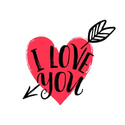 Hand Drawn Heart With Arrow. Hand Written Phrase I Love You. Vector Valentine's Day Card.