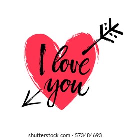 Hand drawn heart with arrow. Hand written phrase I love you. Vector Valentine's day card.