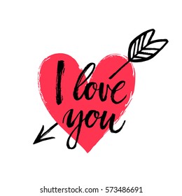 Hand drawn heart with arrow. Hand written phrase I love you. Vector Valentine's day card.