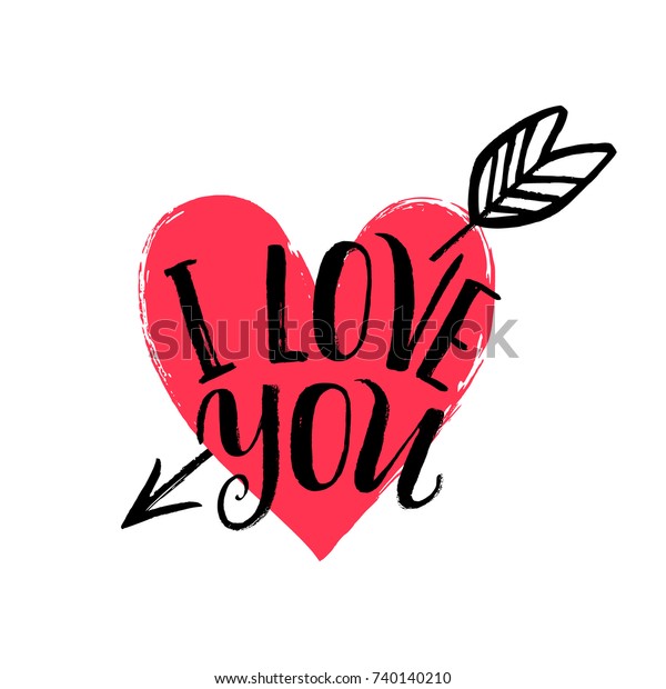 Hand drawn heart with arrow. Hand\
written phrase I love you. Vector Valentine\'s day\
card.