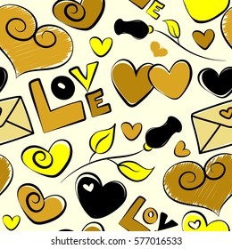 Hand drawn heart art of marker or felt-tip pen drawing for Valentines card. Abstract hearts, rose flower, love text and letter seamless pattern on beige. Vector Valentine Day design for greeting card.