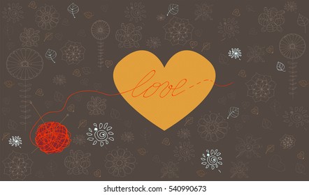 Hand drawn heart with a ball of yarn on a floral background