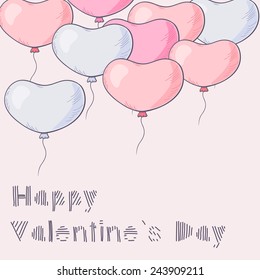 A lot of hand drawn heart balloons flying. Event template for your text