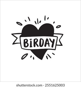 Hand Drawn Heart with Birthday Ribbon - Vector Illustration