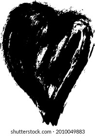 Hand drawn heart. Black brush in the shape of a heart, drops and strokes of paint, ink, splash, grunge. Abstract isolated vector