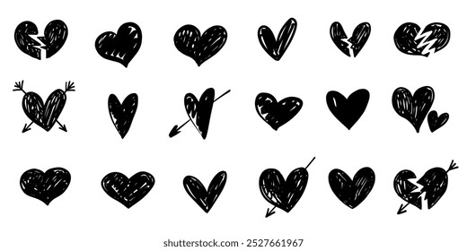 Hand drawn heart, broken hearts brush stroke graffiti style and arrows grunge sketch set collection 