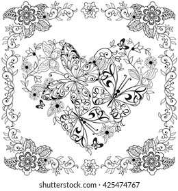 Hand drawn heart of butterflies for the anti stress coloring page. Heart of butterflies with frame of flowers.