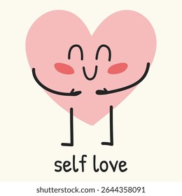 Hand drawn heart character hugging itself, symbolizing self love and care. Perfect for mental health visuals, posters, and awareness content.
