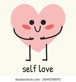 Hand drawn heart character hugging itself, symbolizing self love and care. Perfect for mental health visuals, posters, and awareness content.