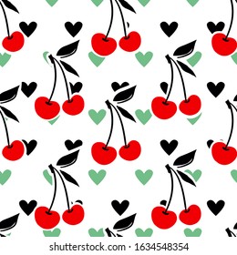 Hand drawn Heart and Cherry print and pattern seamless.  Spring Summer trend textiles. Fruity background. Vector Illustration.