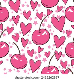 Impresión y patrón de Heart Cherry dibujado a mano sin fisuras.  Tejidos de tendencia veraniega de primavera. Antecedentes de cortesía Día de San Valentín. Ilustración vectorial.