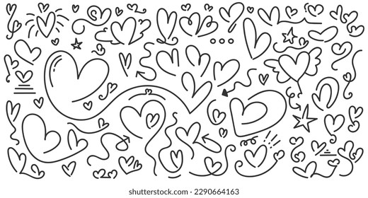 Hand Drawn Heart Collection. Love Doodles Set. Scribble Element. Romantic Illustration Elements for Valentines Day or Mothers Day