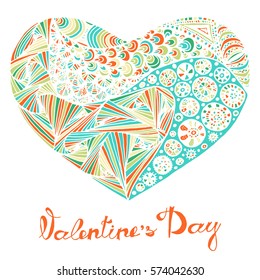 Hand drawn heart with colorful pattern for valentines day design, vector illustration