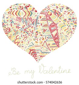 Hand drawn heart with colorful pattern for valentines day design, vector illustration