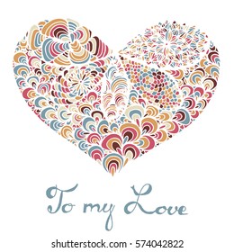 Hand drawn heart with colorful pattern for valentines day design, vector illustration