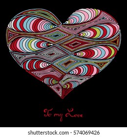Hand drawn heart with colorful pattern for valentines day design, vector illustration 