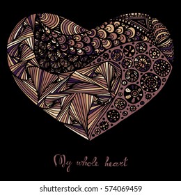 Hand drawn heart with colorful pattern for valentines day design, vector illustration