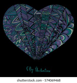 Hand drawn heart with colorful pattern for valentines day design, vector illustration