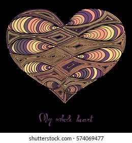 Hand drawn heart with colorful pattern for valentines day design, vector illustration 