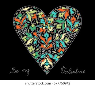 Hand drawn heart with colorful pattern for valentines day design, vector illustration