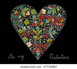 Hand drawn heart with colorful pattern for valentines day design, vector illustration