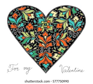 Hand drawn heart with colorful pattern for valentines day design, vector illustration
