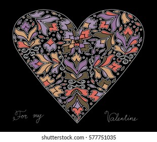 Hand drawn heart with colorful pattern for valentines day design, vector illustration