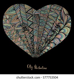Hand drawn heart with colorful pattern for valentines day design, vector illustration
