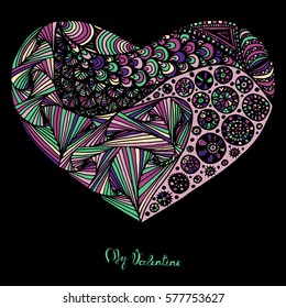 Hand drawn heart with colorful pattern for valentines day design, vector illustration