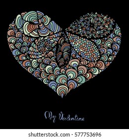 Hand drawn heart with colorful pattern for valentines day design, vector illustration