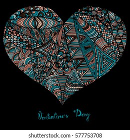 Hand drawn heart with colorful pattern for valentines day design, vector illustration