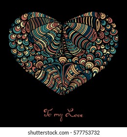 Hand drawn heart with colorful pattern for valentines day design, vector illustration