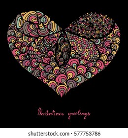 Hand drawn heart with colorful pattern for valentines day design, vector illustration
