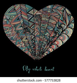 Hand drawn heart with colorful pattern for valentines day design, vector illustration