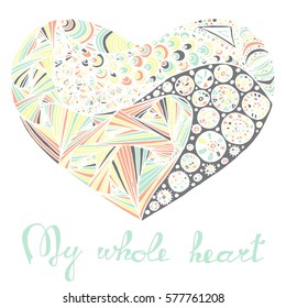 Hand drawn heart with colorful pattern for valentines day design, vector illustration