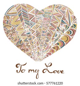 Hand drawn heart with colorful pattern for valentines day design, vector illustration