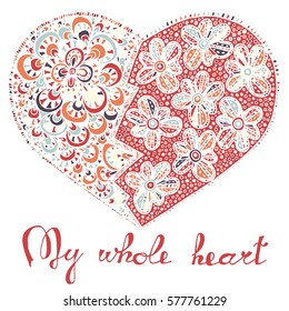 Hand drawn heart with colorful pattern for valentines day design, vector illustration