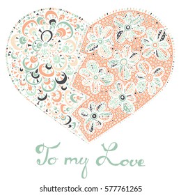 Hand drawn heart with colorful pattern for valentines day design, vector illustration