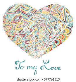 Hand drawn heart with colorful pattern for valentines day design, vector illustration